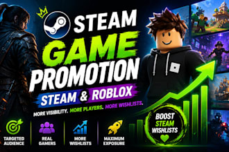 steam game promotion, steam game marketing, roblox game and boost steam wishlist