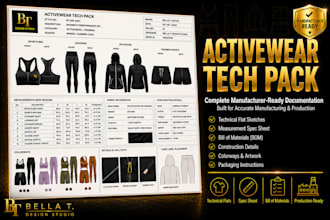 create activewear, gym wear, fitness clothing tech pack for manufacturer