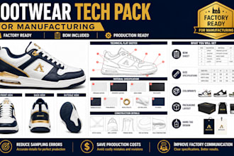 design sneaker footwear tech pack and shoe design for factory manufacturing