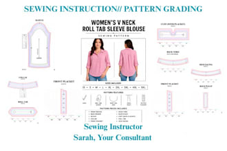 create a sewing pattern, tech pack, fashion flat sketch and pattern grading