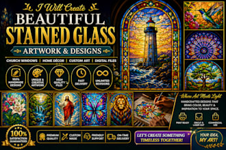 create stained glass art illustrations, mosaic logo, book covers window pattern
