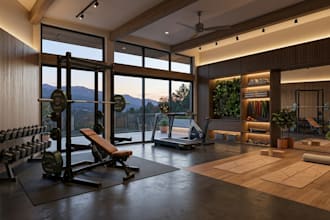 design 3d fitness house interior design, gym house rendering, and fitness video