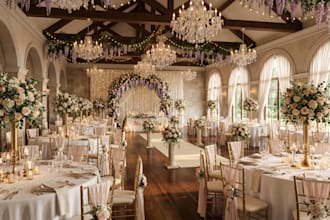 design realistic 3d wedding hall, 3d wedding venue render, ceremony event layout