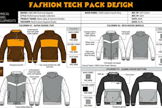 do production ready clothing tech pack design for apparel streetwear, activewear