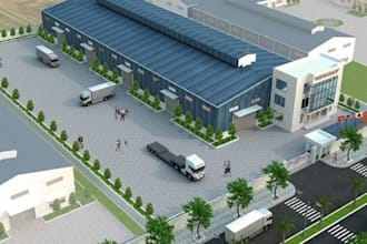 do 3d industrial design, factory, warehouse, commercial workspace and 3d render