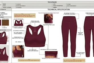 design activewear tech pack design for sportswear, gymwear, fitness apparel