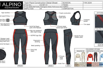 design activewear tech pack design for sportswear, gymwear, fitness apparel