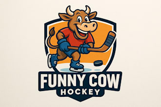 design creative funny cow playing hockey mascot logo for your business