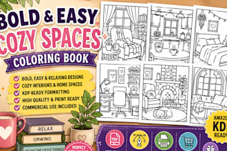 design a bold and easy cozy spaces coloring book for amazon KDP, coloring book