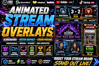 design animated tiktok, youtube streaming graphics for obs, streamyard, whatnot