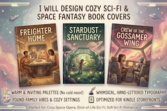 design a cozy sci fi and found family space fantasy book cover
