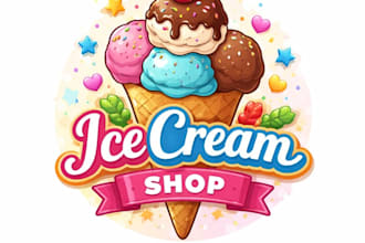 design ice cream , chocolate, sweet, bakery, candy and food logo design