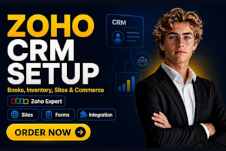 set up zoho CRM, zoho books, zoho commerce, sites, inventory, forms for business