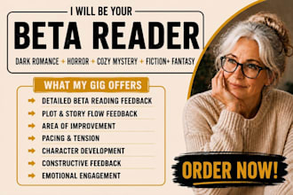 beta read horror, dark romance, thriller, cozy mystery, and sci fi novel