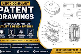 draw uspto patent drawings technical line art for utility design patent drawings