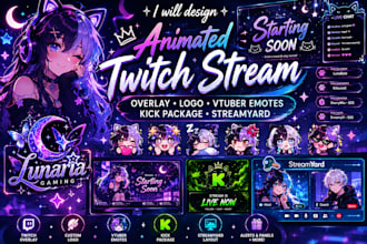 design animated twitch stream overlay logo vtuber emotes kick package streamyard