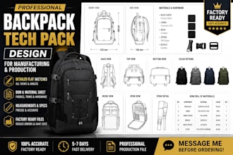 professional backpack tech pack design for manufacturing and production