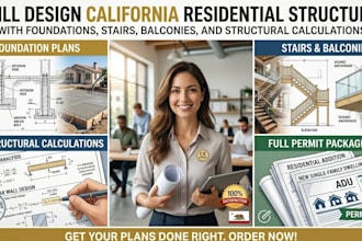 design california residential structures with foundations, stairs, balconies