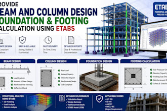 provide beam and column design foundation  footing calculation using etabs