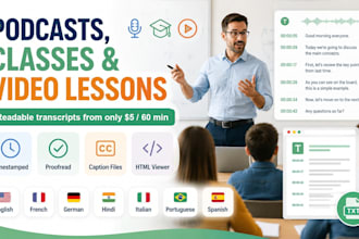transcribe podcasts, classes and video lessons with timestamps