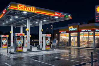 design 3d gas station, fuel station, ev charging hub with canopy and rendering