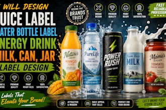design juice label, water bottle label, energy drink,milk, can, jar label design
