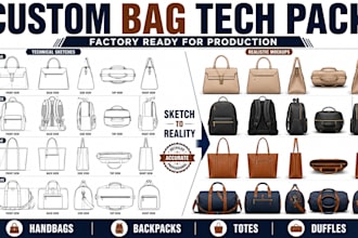 create a professional bag tech pack for handbags, backpacks totes and duffles