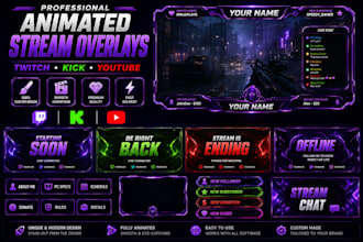 design animated twitch, kick and youtube stream overlays