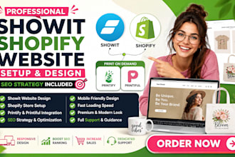 set up showit shopify website with seo strategy printify printiful product