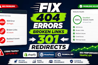 fix 404 errors, broken links and 301 redirects for SEO