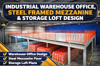 industrial warehouse office, steel framed mezzanine storage loft design