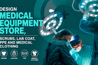 design medical equipment store, scrubs, lab coat, ppe and medical clothing