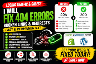 fix 404 errors, 301 redirects, boken links for shopify, websites, or wordpress