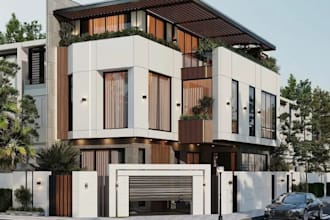 retreat modern 3d townhouse exterior, building interior,rooftop villa,skp render