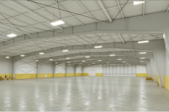 build ware house interior, storage facility, distribution center, factory render