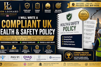 write a compliant UK health safety policy for ssip pas 91 chas tender submission