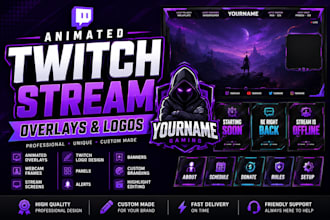 design animated twitch stream overlay, twitch logo, raw twitch stream to youtube