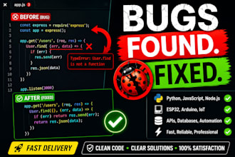 fix bugs in your python, javascript, node js, or arduino code