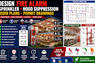 design fire alarm sprinkler hood suppression riser plans stamped US permit