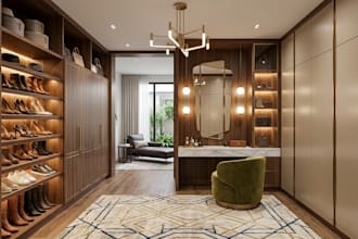 design modern walk in closet and wardrobe vanity with realistic 3d rendering