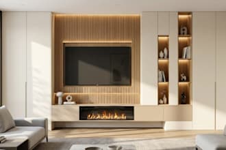 design custom media wall ,tv wall, cabinet with fire place in 3d rendering