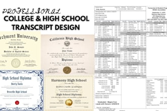 design high school, college or university transcript, diploma certificate, ged