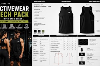 create activewear tech pack with spec sheet for gym and fitness brand gym wear
