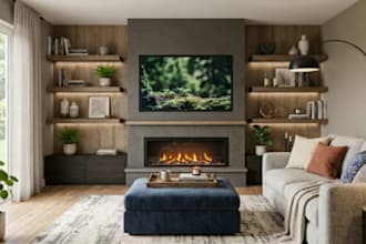 do 3d interior living room media wall, ottoman, fireplace, floating shelves