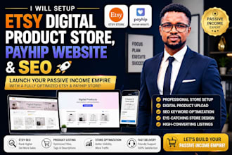 setup etsy digital product store, payhip website and SEO