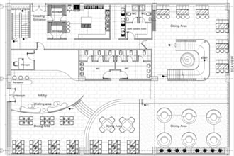 draft commercial drawing set, restaurant floor plan design with furniture layout