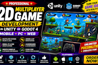 develop 2d multiplayer game, game app in unity or godot 4 for android, ios, PC