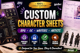 create game character sheets for tabletop games, writers, and artists drawing