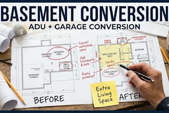 adu architectural plans and garage conversion layouts for basement conversion