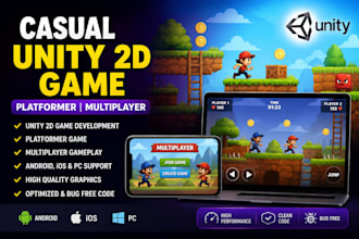 develop unity 2d casual game, platformer multiplayer game prototype for android